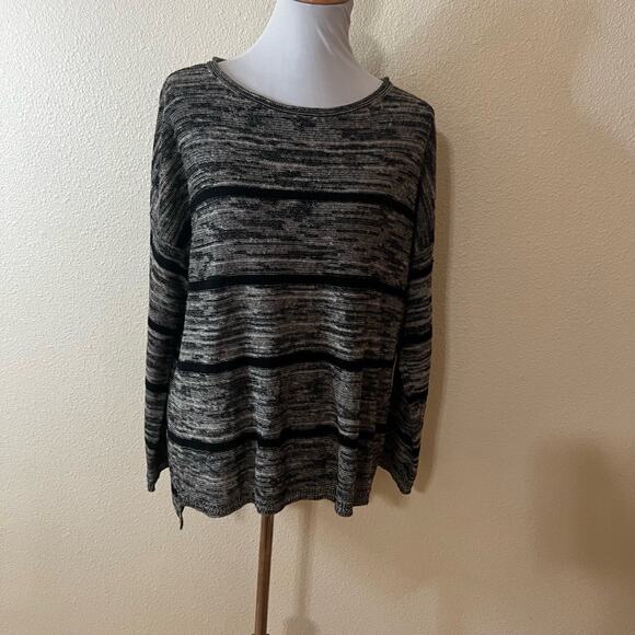 EILEEN FISHER Knit lightweight sweater MEDIUM Black Grey Striped Organic Linen - Picture 2 of 7